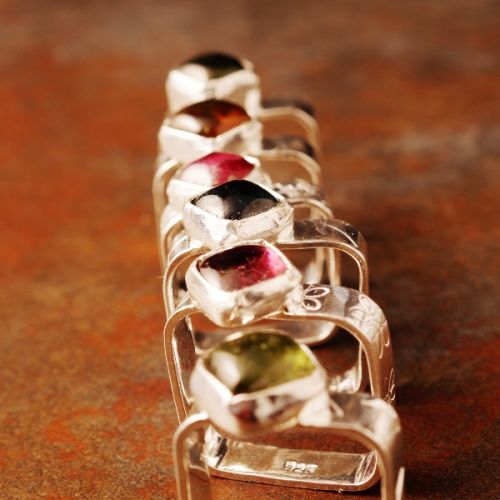 Contemporary handcrafted recycled sterling silver diamond tourmaline stamped square rings